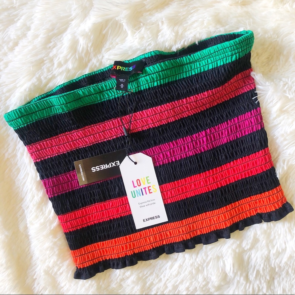 Express | Rainbow Striped Smocked Cropped Top, M